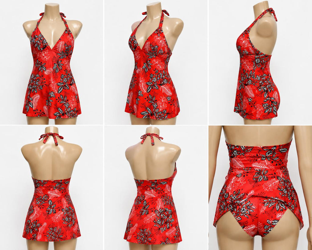 Red Tropical Floral Halter Swimsuit – Size 12