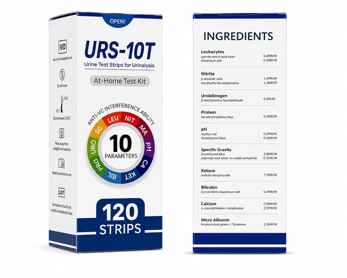 URS-10T Urine Test Strips for Urinalysis – 120 Strips, 10 Parameters