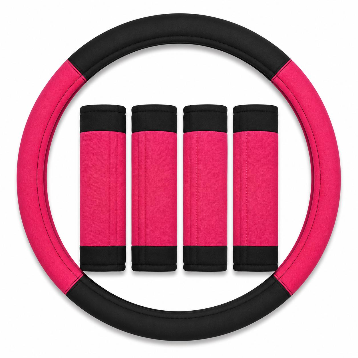Pink & Black Steering Wheel Cover with 4 Seat Belt Shoulder Pads
