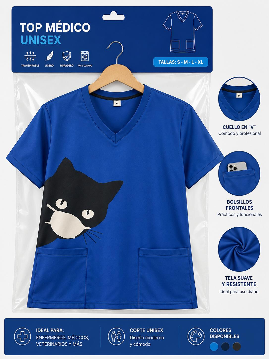 Unisex Cat Print Medical Scrub Top – Blue, Sizes S-XL